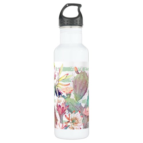 Watercolor Cactus Floral Stripes Design Water Bottle