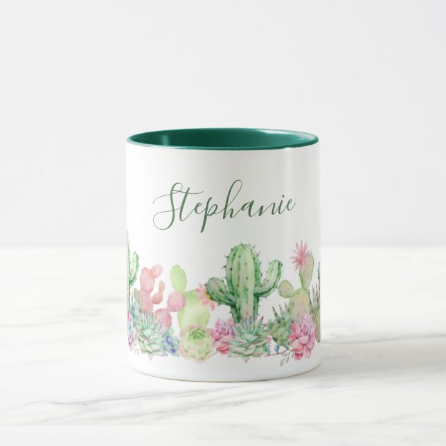 Watercolor Cactus Flower Botanical Name Mug (Center)