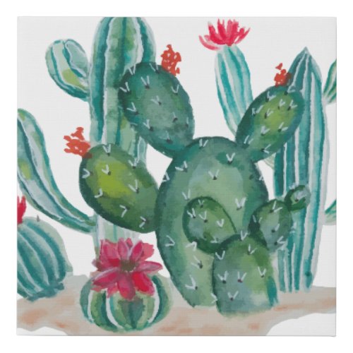 Watercolor Cactus Flower Plants Faux Canvas Print