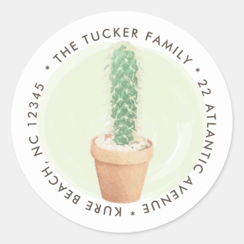 Watercolor Cactus Flower Pot Round Address Label