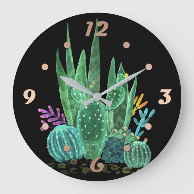 Watercolor, cactus, flowers large clock (Front)