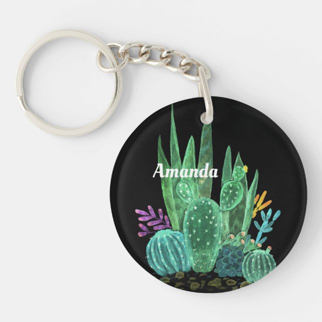 Watercolor, cactus, flowers large clock  keychain (Front)