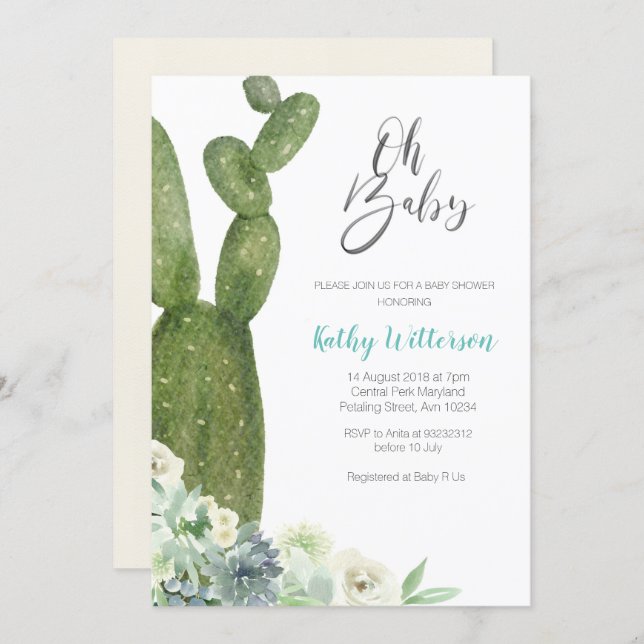 Watercolor Cactus Gender Neutral Baby Shower Invitation (Front/Back)
