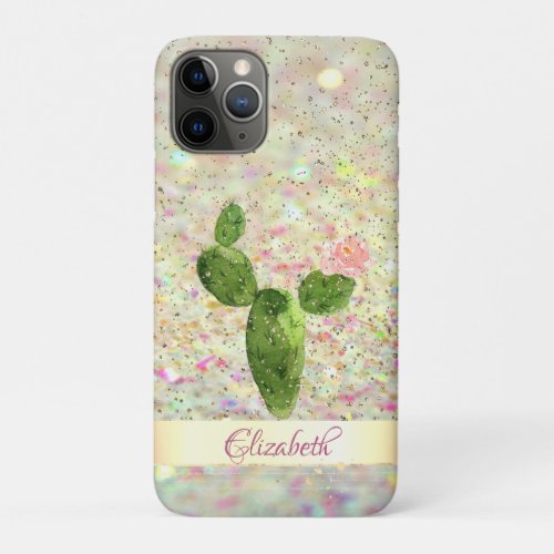 Watercolor Cactus Glitter Bokeh _ Personalized iPhone 11 Pro Case