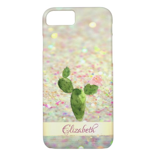Watercolor Cactus Glittery Bokeh _ Personalized iPhone 87 Case