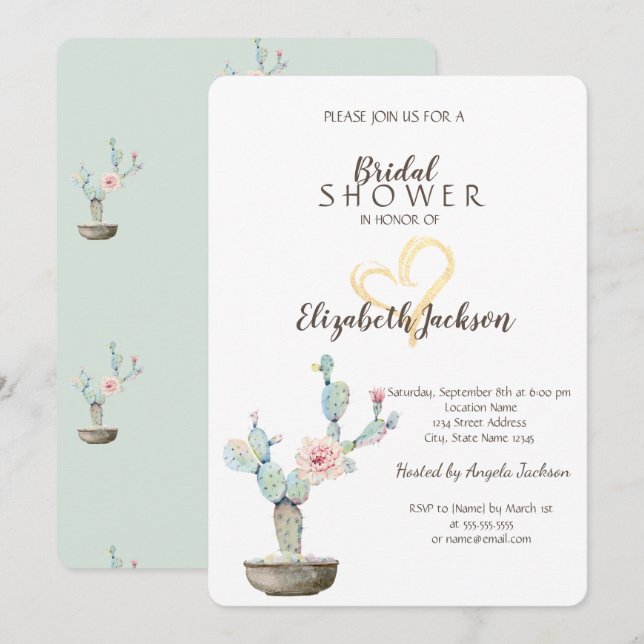 Watercolor Cactus Gold Heart Bridal Shower  Invitation (Front/Back)