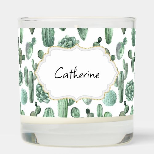 Watercolor cactus green white seamless name banner scented candle