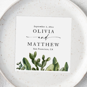 Watercolor Cactus Greenery Modern Script Wedding Napkins by RemioniArt at Zazzle