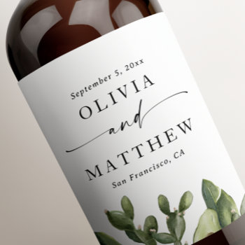 Watercolor Cactus Greenery Modern Script Wedding  Wine Label by RemioniArt at Zazzle