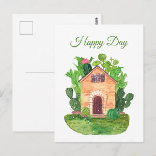 Watercolor Cactus House Greeting Postcard