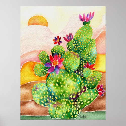 Watercolor Cactus in Desert Poster