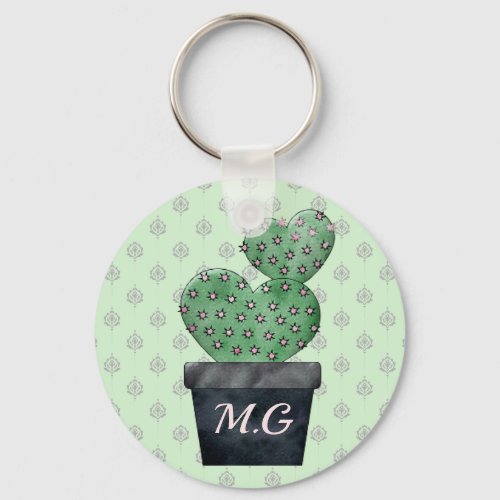 Watercolor Cactus in Plant Pot Patterned Keychain