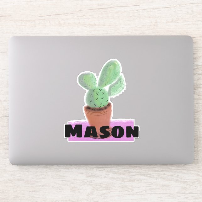 Watercolor Cactus in Pot Custom Name Sticker (Computer)