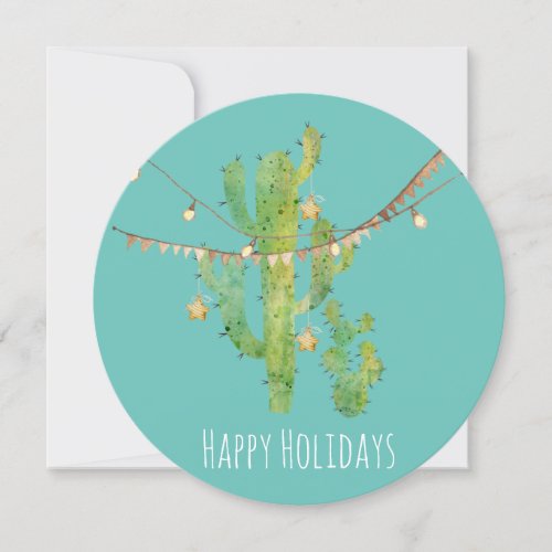 Watercolor Cactus  Lights Round Christmas Card