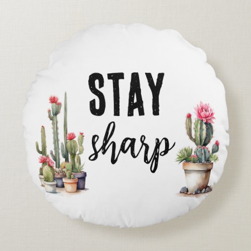 Watercolor Cactus Lover Stay Sharp Funny Round Pillow