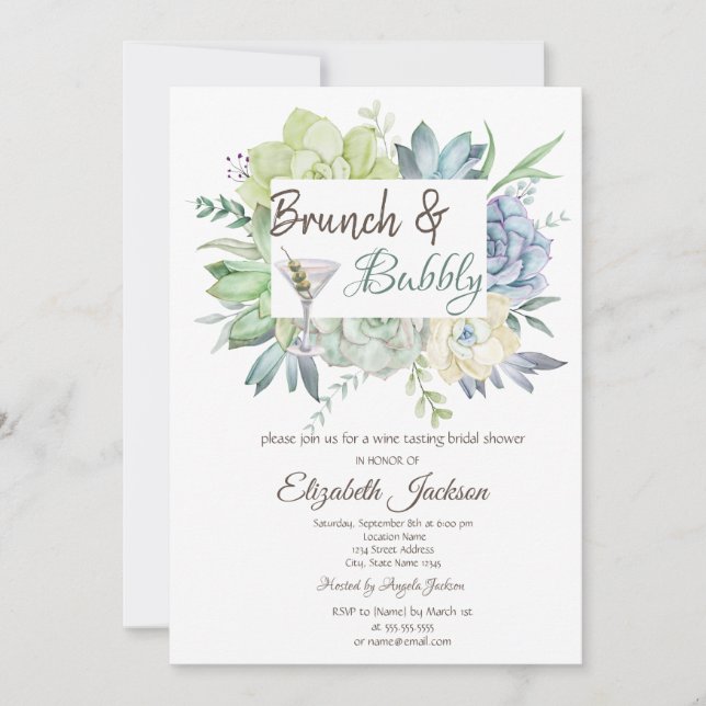 Watercolor Cactus Martini Brunch & Bubbly Invitation (Front)