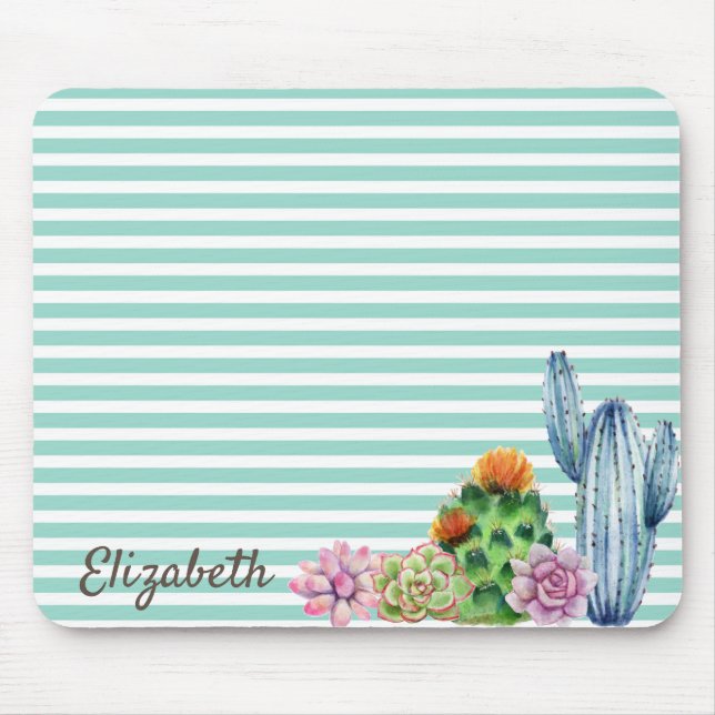 Watercolor Cactus,Mint Green Stripe Mouse Pad (Front)