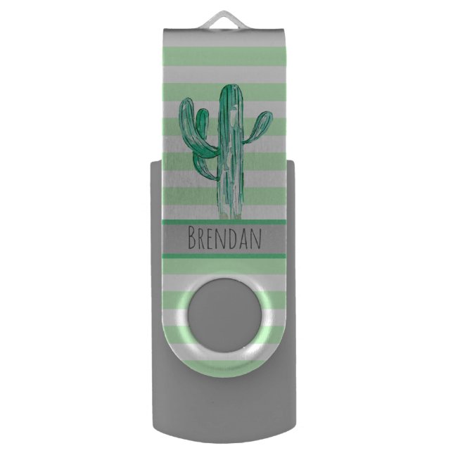 Watercolor Cactus Mint Striped Personalised Flash Drive (Front Vertical)