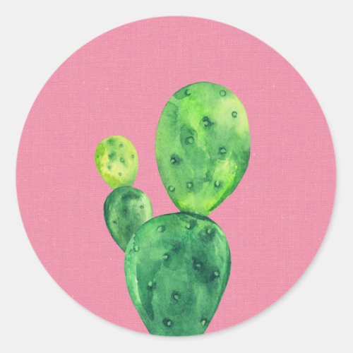 Watercolor cactus on pink Green cute succulent Classic Round Sticker