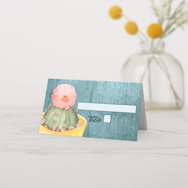 Watercolor Cactus Orange Bloom Wedding Place Card (Front)