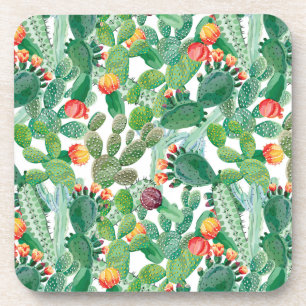 Watercolor Cactus Pattern Beverage Coaster