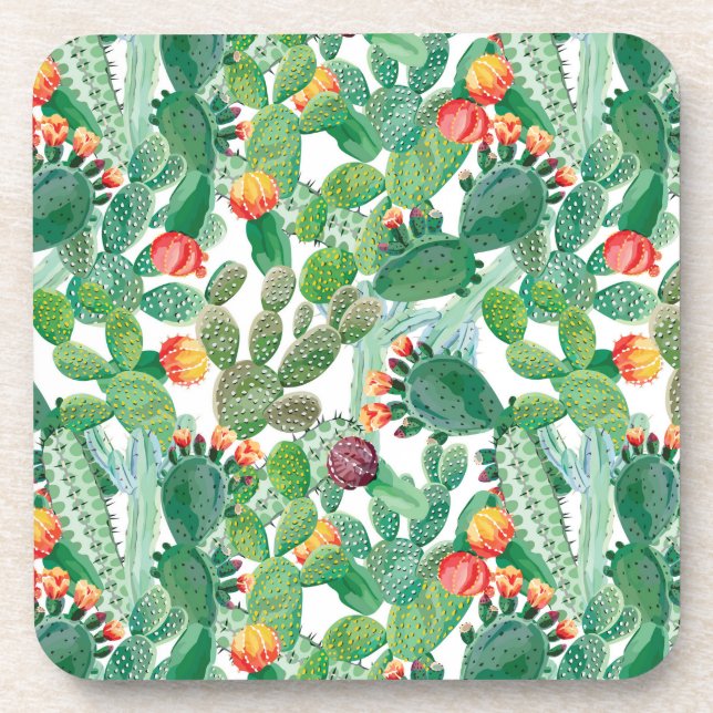 Watercolor Cactus Pattern Beverage Coaster (Front)