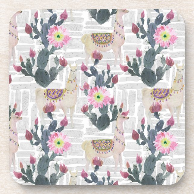 Watercolor Cactus Pattern Beverage Coaster (Front)