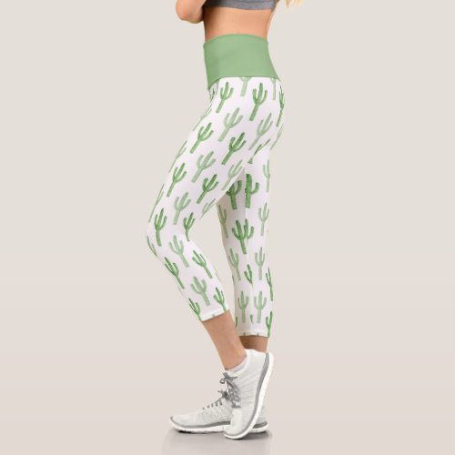 Watercolor Cactus Pattern Capri Leggings