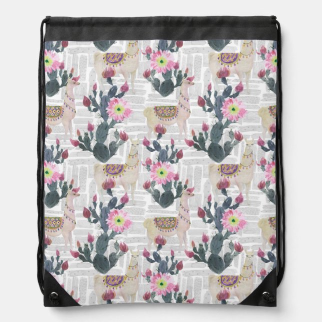 Watercolor Cactus Pattern Drawstring Bag (Front)