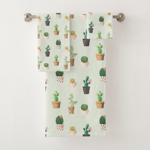 Watercolor Cactus Pattern Mint Green Bath Towel Set