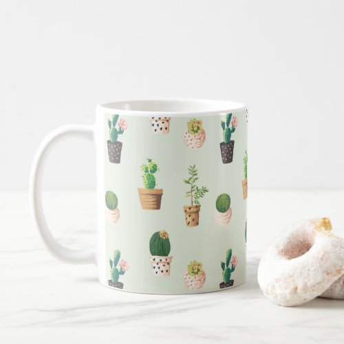 Watercolor Cactus Pattern Mint Green Coffee Mug