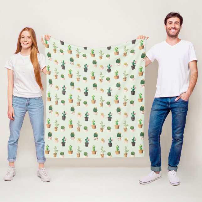 Watercolor Cactus Pattern Mint Green Fleece Blanket (In Situ)