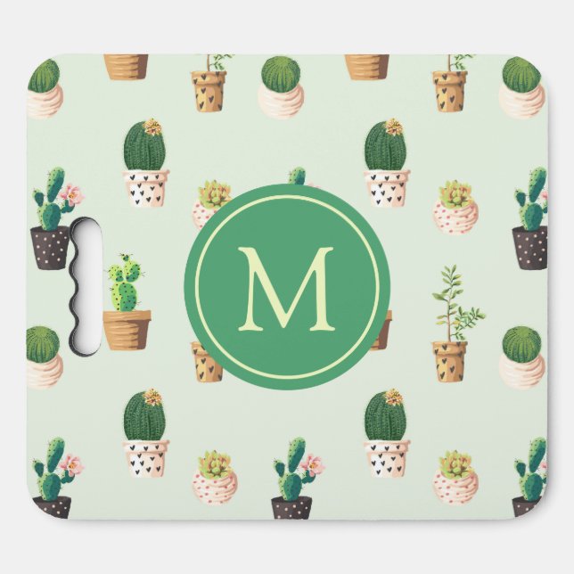 Watercolor Cactus Pattern Mint Green Monogram Seat Cushion (Front Horizontal)
