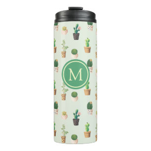 Watercolor Cactus Pattern Mint Green Monogram Thermal Tumbler