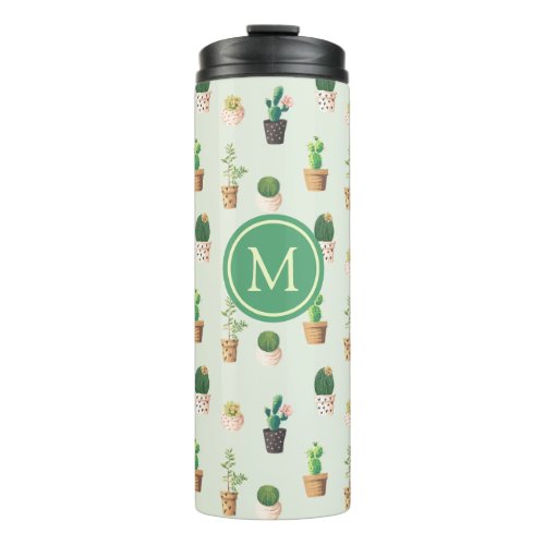 Watercolor Cactus Pattern Mint Green Monogram  Thermal Tumbler