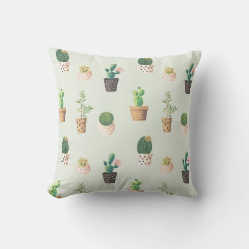 Watercolor Cactus Pattern Mint Green Outdoor Pillow