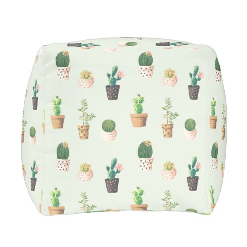 Watercolor Cactus Pattern Mint Green Outdoor Pouf