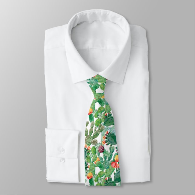 Watercolor Cactus Pattern Neck Tie (Tied)