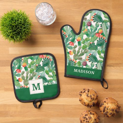 Watercolor Cactus Pattern Oven Mitt  Pot Holder Set