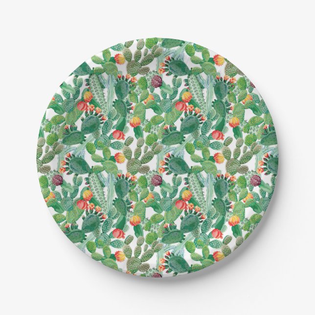 Watercolor Cactus Pattern Paper Plates (Front)