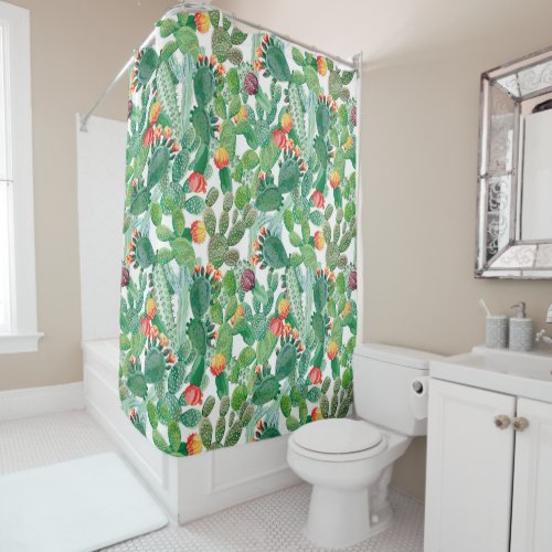 Watercolor Cactus Pattern Shower Curtain