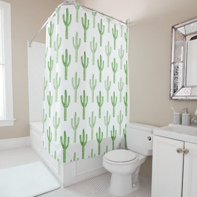 Watercolor Cactus Pattern Shower Curtain (In Situ)