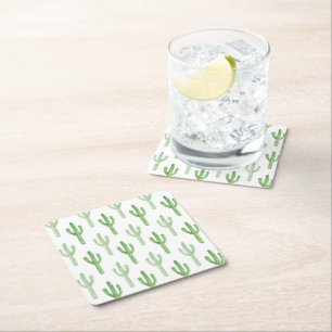 Watercolor Cactus Pattern Square Paper Coaster