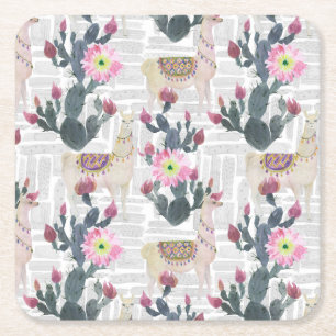 Watercolor Cactus Pattern Square Paper Coaster