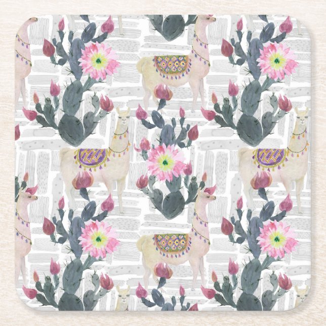 Watercolor Cactus Pattern Square Paper Coaster (Front)