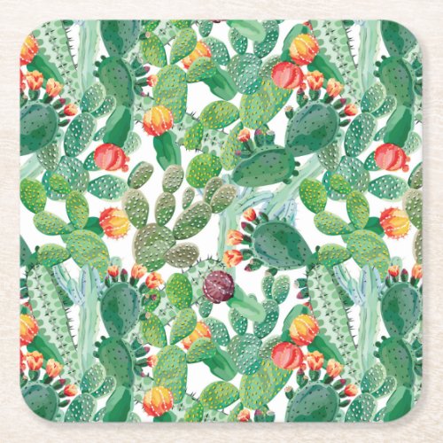 Watercolor Cactus Pattern Square Paper Coaster