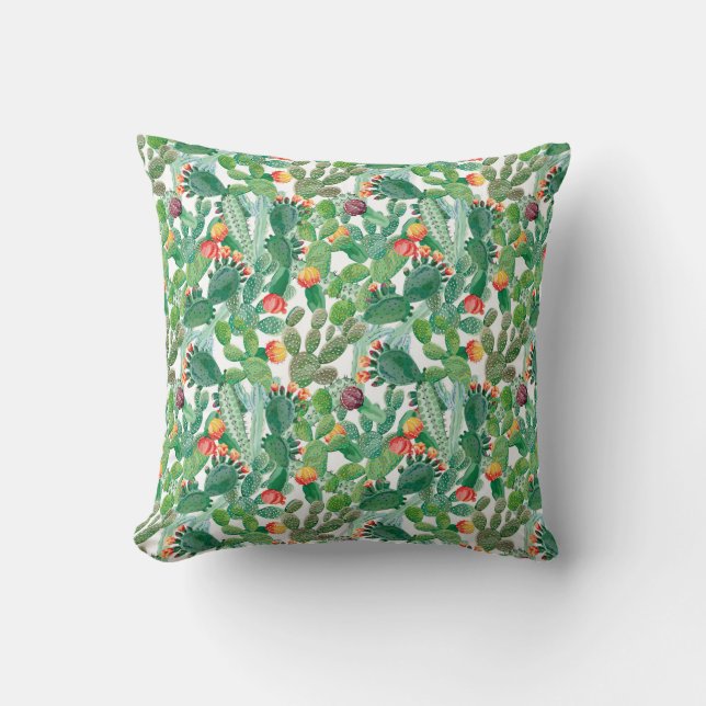 Watercolor Cactus Pattern Throw Pillow (Front)