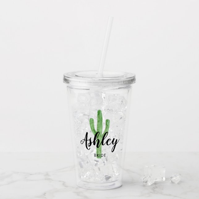 Watercolor Cactus Personalized Bride Acrylic Tumbler (Back Ice)