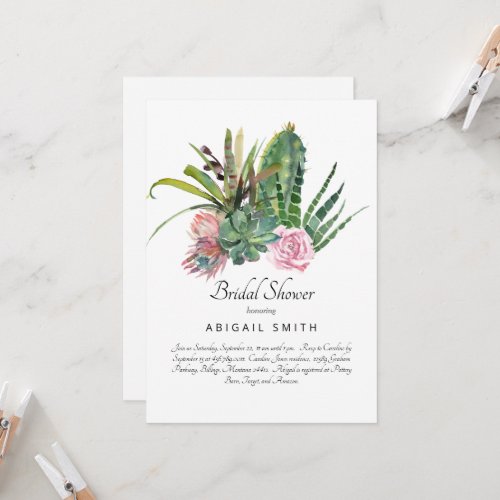 Watercolor Cactus Pink Floral White Bridal Shower  Invitation