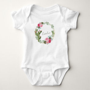 Watercolor Cactus Pink Floral Wreath Personalized  Baby Bodysuit